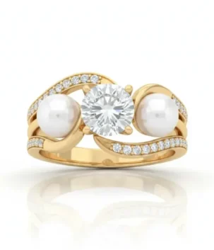 diamond pearl twist ring in 18k gold with center diamond and side pearls