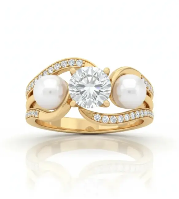 diamond pearl twist ring in 18k gold with center diamond and side pearls