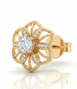 Diamond stud earring with round brilliant cut diamond in 18K yellow gold solitaire setting