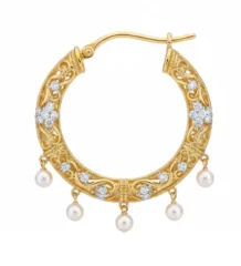 Royal pearl charm hoop earrings in 18K gold with diamond floral detailing and dangling pearls