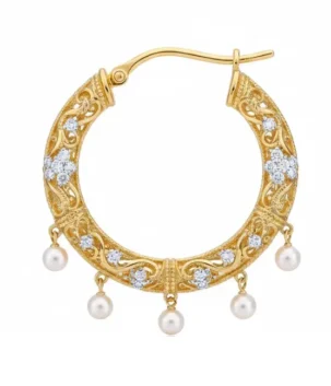 Royal pearl charm hoop earrings in 18K gold with diamond floral detailing and dangling pearls