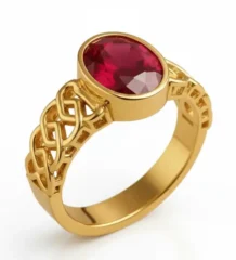 Celtic ruby gold ring with oval ruby and knot band in 18K gold