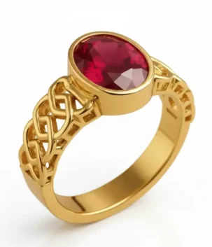Celtic ruby gold ring with oval ruby and knot band in 18K gold