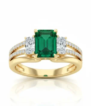 Stunning 18K Emerald Diamond Ring in yellow gold with emerald cut center and side diamonds