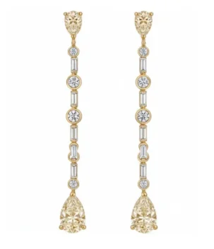 Diamond drop earrings with pear cut dangling diamonds in 18K yellow gold