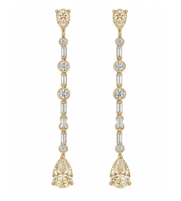 Diamond drop earrings with pear cut dangling diamonds in 18K yellow gold
