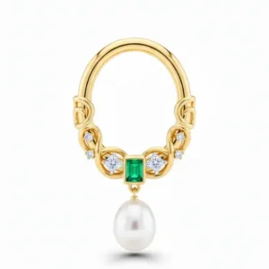 Emerald pearl septum ring 18K gold with diamonds