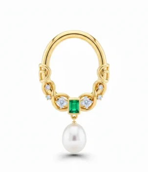 Emerald pearl septum ring 18K gold with diamonds