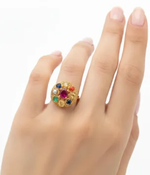 Traditional navratna gemstone gold ring with round multi stone setting