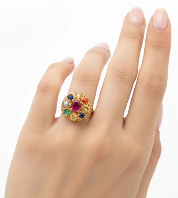 Traditional navratna gemstone gold ring with round multi stone setting