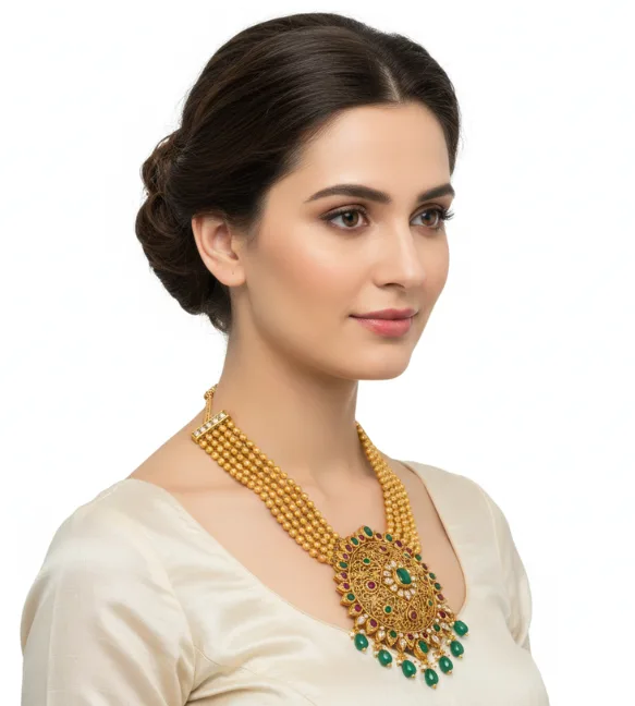 Gold necklace with green stones and ornate round pendant