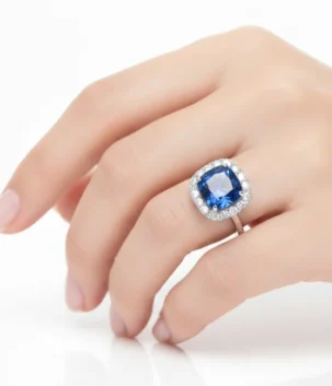 Blue sapphire halo ring with diamond surround on finger