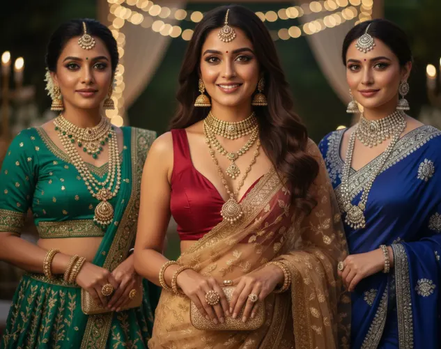 Bridal gold necklace sets with gemstones worn by Indian brides in traditional wedding jewellery – Rukmani Gems